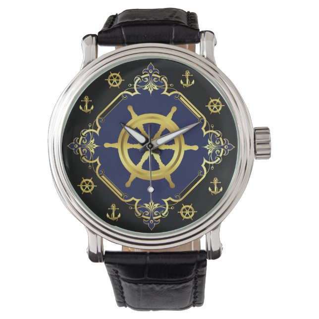 Montre Roue/ancre du navire nautique /or/noir/marine (devant)
