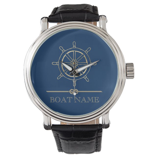 Montre Roue de bateau en or nautique, Bleu marine (devant)