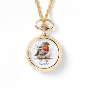 Montre Rouge rouge de l'oiseau mignon en aquarelle