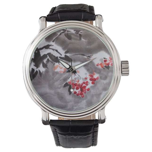 Montre Rowan arbre dans la neige peinture à l'encre d'aqu (devant)