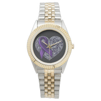 Montre Ruban de sensibilisation au pourpre avec coeur