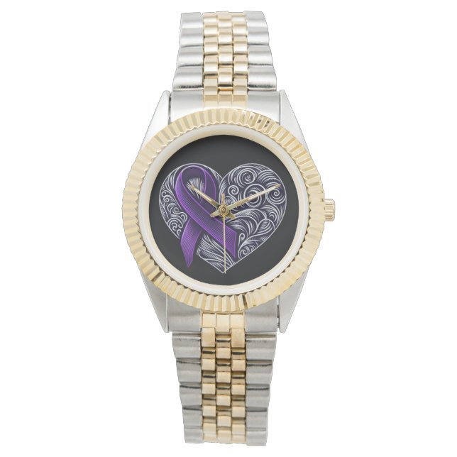 Montre Ruban de sensibilisation au pourpre avec coeur (devant)