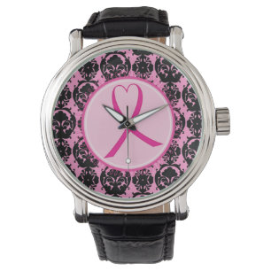 Montre Ruban rose Noir Damas Cerveau cancer du sein Sensi