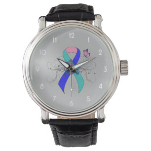 Montre Ruban turquoise/rose/bleu avec papillon