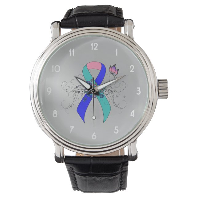 Montre Ruban turquoise/rose/bleu avec papillon (devant)