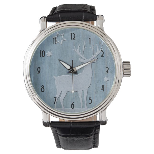 Montre Russe Bleu Bois Reindeer Pays Noël (devant)