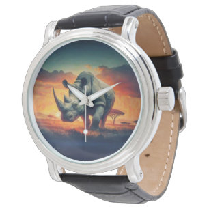 Montre Safari au coucher du soleil avec un rhinocéros