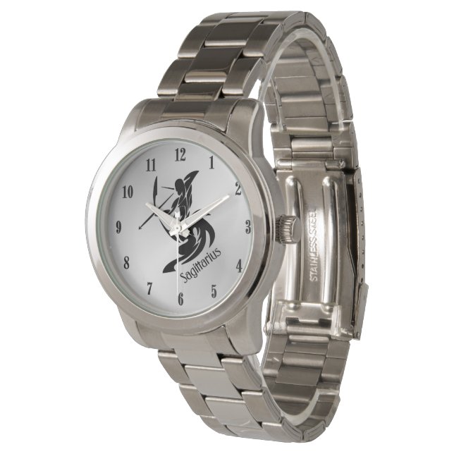 Montre Sagittaire face argent Zodiac avec chiffres noirs (Incliné)