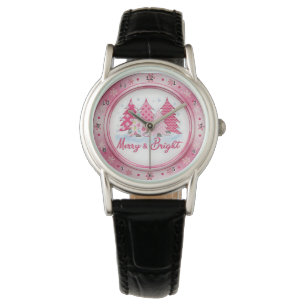 Montre Sapins de Noël roses motif de fête rond