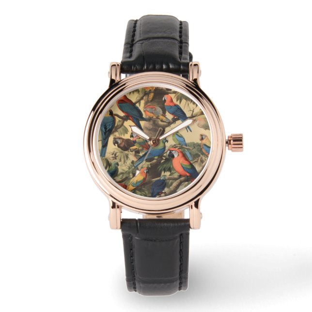 Montre Scène botanique vintage perroquets colorés dans un (Recto)
