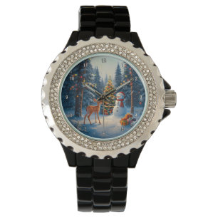 Montre Scene d'arbre de Noël Cute Deer Fawn Snowman