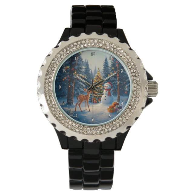 Montre Scene d'arbre de Noël Cute Deer Fawn Snowman (devant)