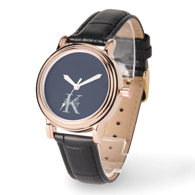 Montre Script Monogramme bleu marine moderne (Angle)