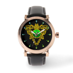 MONTRE SHAMROCK VERT, CELTIC KNOT COEUR OR NOIR