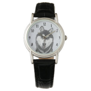 Montre Sibérie Husky (noir et blanc) Peinture Chien Art