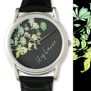 Montre Signature de calligraphie Elégant floral vert noir