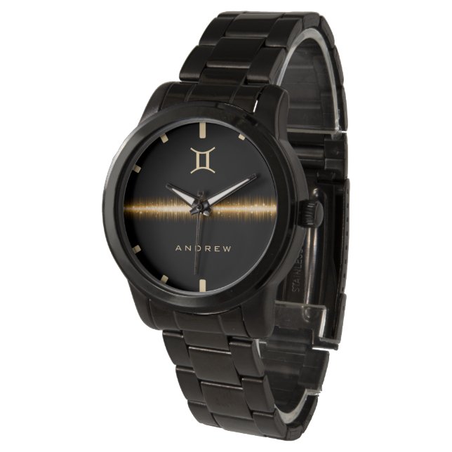 Montre Signe Gemini Zodiac Cool Gold Lumière Nom Texte (Incliné)