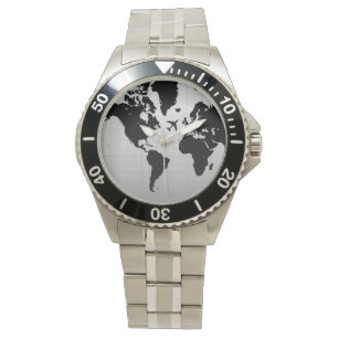 Montre silhouette de l'avion sur la carte du monde noir