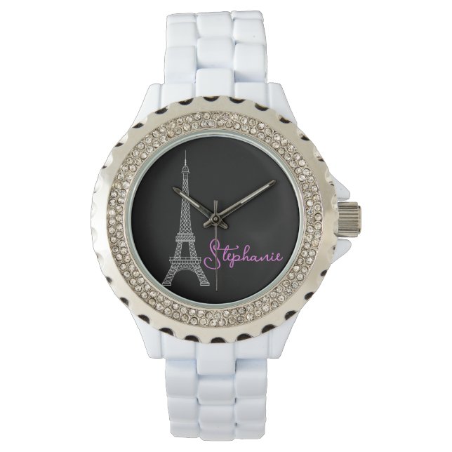 Montre Simplement Elégant Paris Tour Eiffel Rose Noir (devant)