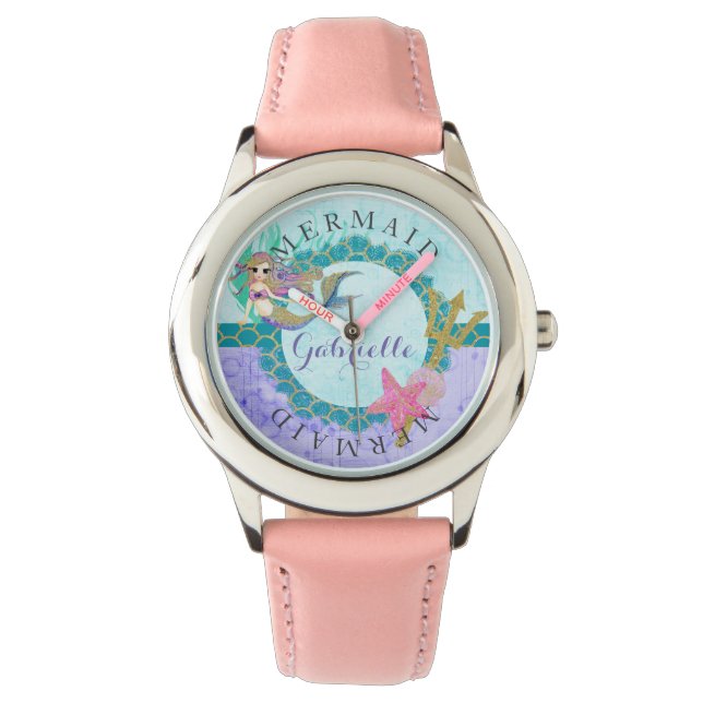 Montre Sirène d'aquarelle turquoise et violette (devant)