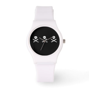 MONTRE SKULLS ET OS CROISÉS DRAPEAU DE PIRATE BLANC NOIR