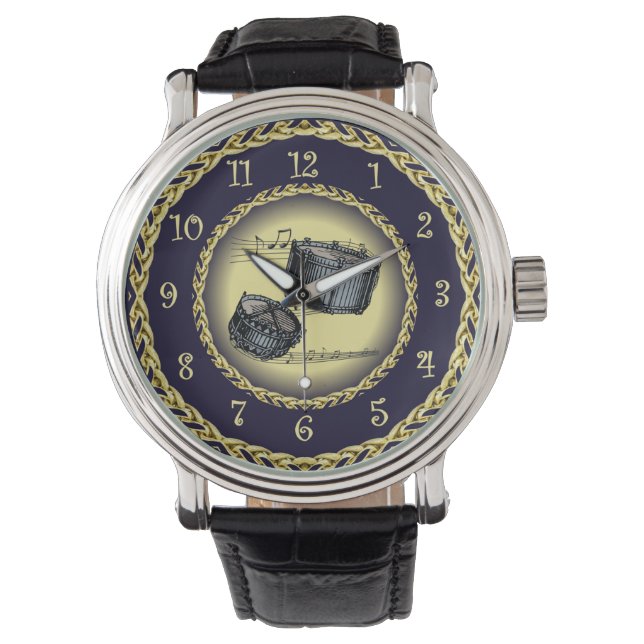 Montre Snare Drums ~ Musical Scroll ~ Gold/Navy Blue ~ (devant)