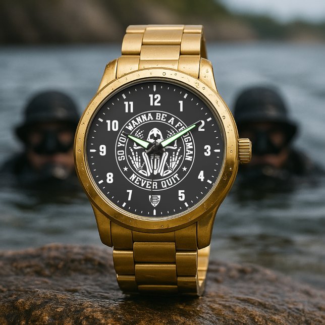 Montre So You Wanna Be A Frogman "NEVER QUIT" Patch Gold (Wanna Be A Frogman "NEVER QUIT" Gold Stainless Steel Watch)