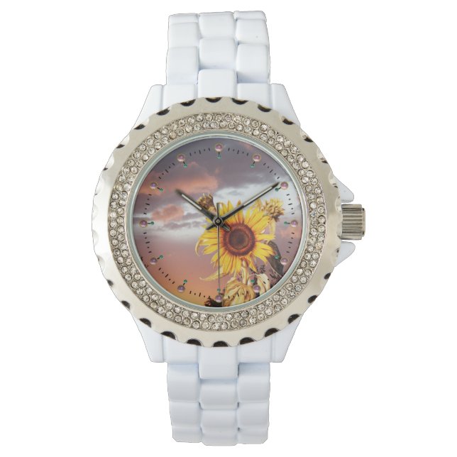 MONTRE SOLEIL ET COUCHER DE SOLEIL D'ÉTÉ AVEC NUAGES ROSE (devant)