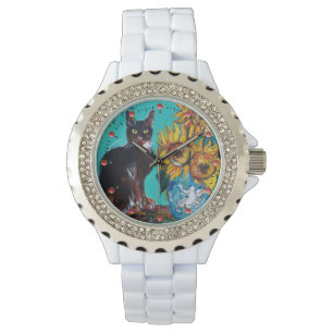 Montre SOUFFLE AVEC CHAT NOIR, Jaune, Bleu Turquoise