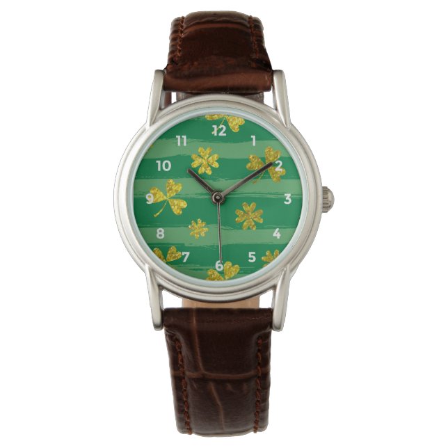 Montre St Patrick Golden shamrock motif rayures vertes (devant)