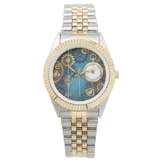 Montre Steampunk Arrière - plan turquoise avec Gears (devant)