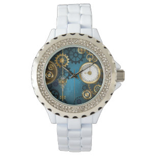 Montre Steampunk Arrière - plan turquoise avec Gears