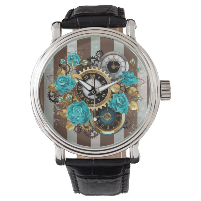 Montre Steampunk Clock and Turquoise Roses on Striped (devant)