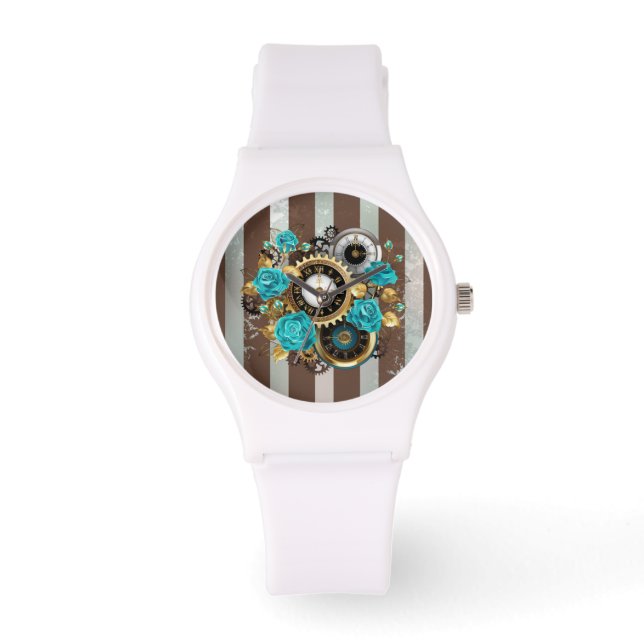 Montre Steampunk Clock and Turquoise Roses on Striped (Recto)