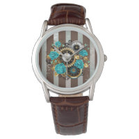 Steampunk Clock and Turquoise Roses on Striped