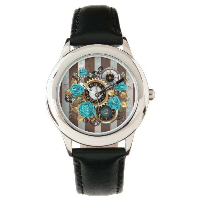 Montre Steampunk Clock and Turquoise Roses on Striped (devant)