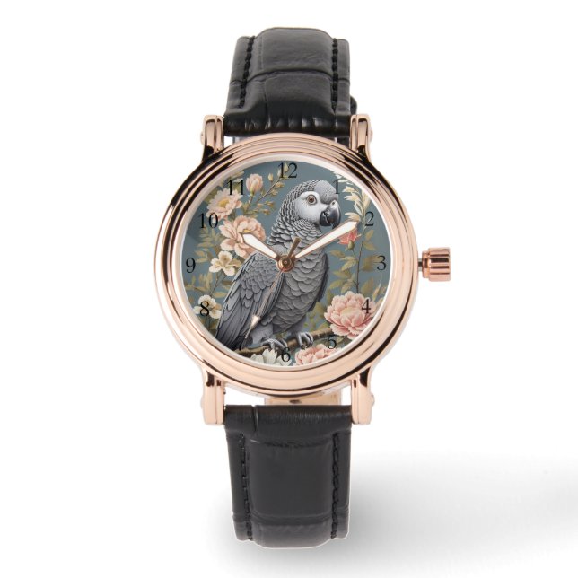 Montre Superbe Perroquet Gray Africain Avec Élégantes Flo (Recto)