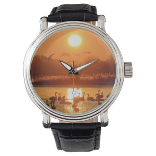 Montre Swans dans le lac au coucher du soleil