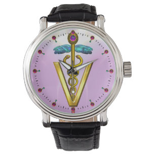 Montre SYMBOLE de CADUCÉE D'OR/rose VÉTÉRINAIRES, lila