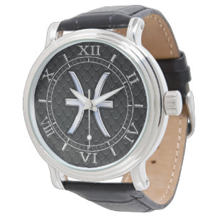 Montre Symbole de Pisces Zodiac on Black Snake Skin Dial