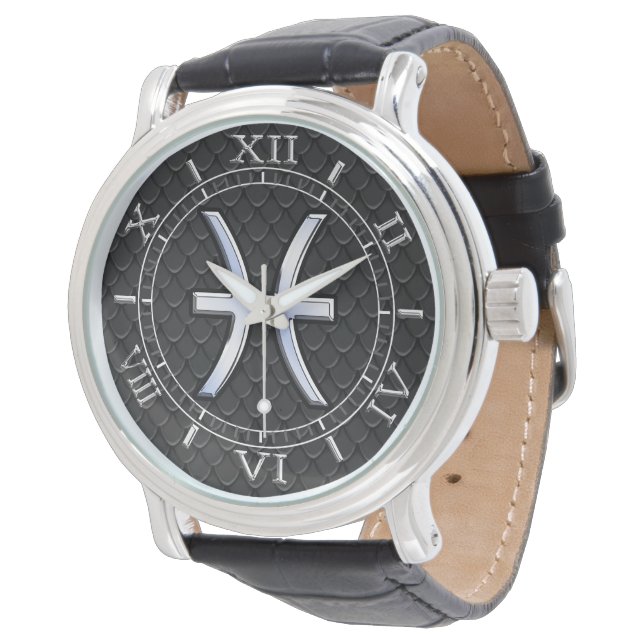 Montre Symbole de Pisces Zodiac sur le skin noir (Incliné)