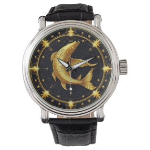 Montre Symbole du zodiaque Poissons dorés entouré d'étoil