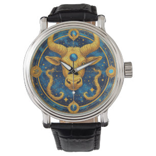 Montre Symbole Taureau Doré sur Cercle Bleu