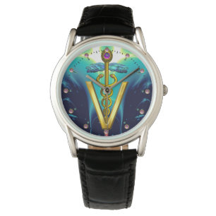 Montre SYMBOLE VÉTÉRINAIRE DE CADUCE D'OR / Bleu d'Aqua,