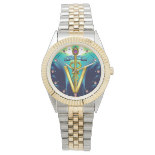 Montre SYMBOLE VÉTÉRINAIRE DE CADUCE D'OR / Bleu d'Aqua,