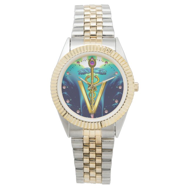 Montre SYMBOLE VÉTÉRINAIRE DE CADUCE D'OR / Bleu d'Aqua,  (devant)