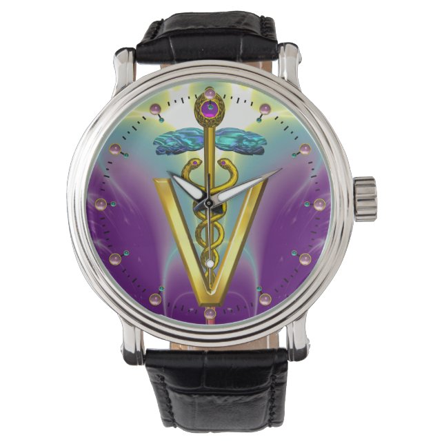 Montre SYMBOLE VÉTÉRINAIRE DE CADUCE D'OR / Vert pourpre (devant)
