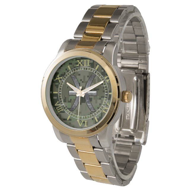 Montre Symbole zodiaque de Poissons Bois cadet vert (Incliné)