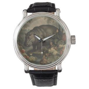Montre Tableau botanique vintage d'un hippo et de fleurs