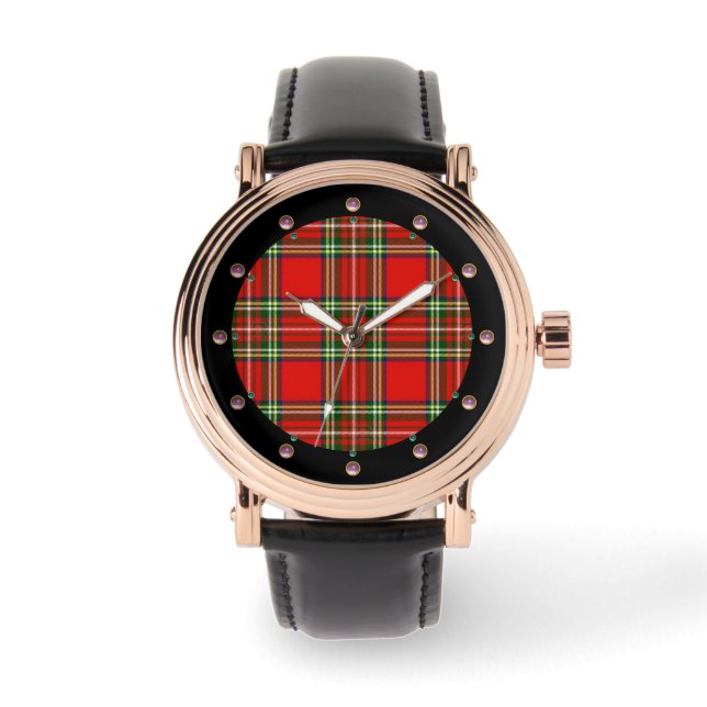 MONTRE TARTAN VERT ROUGE ÉCOSSE AVEC GEMMES ROSES (Recto)